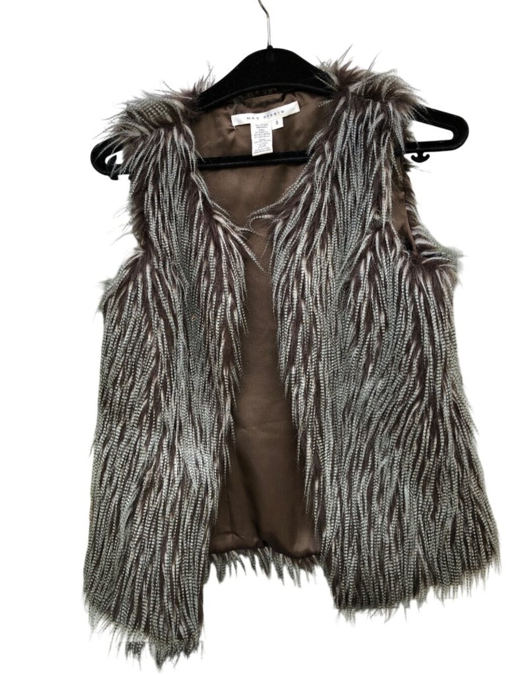 Max Studio Faux Fur Vest Womens S  Brown Gray Striped Lined A4971 Boho Winter Fa